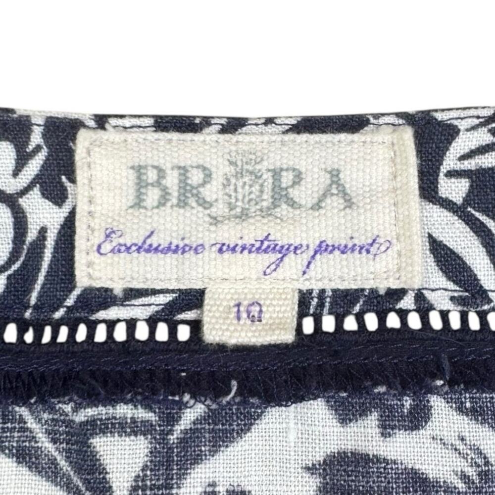 Brora 100% Linen Indigo Blue Vintage Pattern Short Sleeve Button Up V-Neck Top - Picture 10 of 12